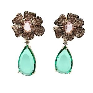 Floral Sparkle Pink & Green Teardrop Dangle Earrings- New!